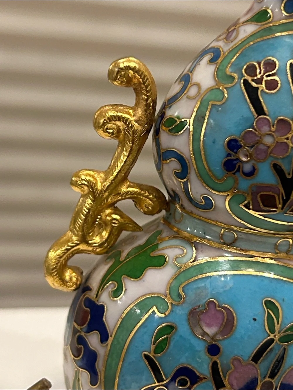 Decorative Turquoise Cloisonné Gourd Vase with Gold Accents
